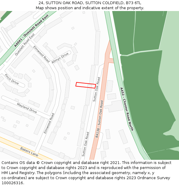 24, SUTTON OAK ROAD, SUTTON COLDFIELD, B73 6TL: Location map and indicative extent of plot