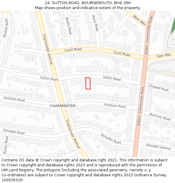 24, SUTTON ROAD, BOURNEMOUTH, BH9 1RN: Location map and indicative extent of plot