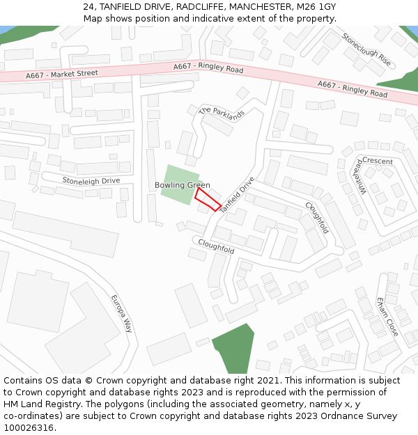 24, TANFIELD DRIVE, RADCLIFFE, MANCHESTER, M26 1GY: Location map and indicative extent of plot
