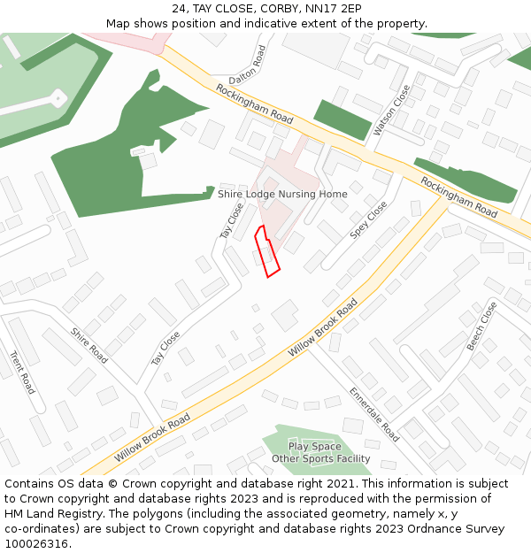 24, TAY CLOSE, CORBY, NN17 2EP: Location map and indicative extent of plot