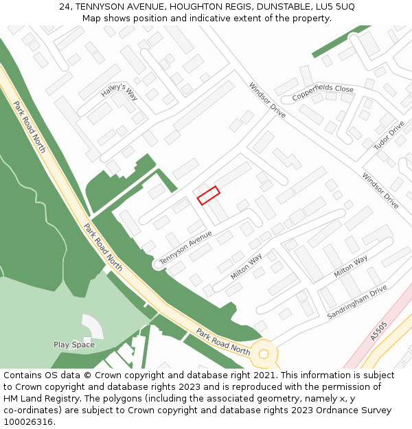 24, TENNYSON AVENUE, HOUGHTON REGIS, DUNSTABLE, LU5 5UQ: Location map and indicative extent of plot