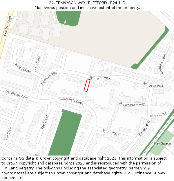 24, TENNYSON WAY, THETFORD, IP24 1LD: Location map and indicative extent of plot