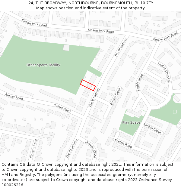 24, THE BROADWAY, NORTHBOURNE, BOURNEMOUTH, BH10 7EY: Location map and indicative extent of plot