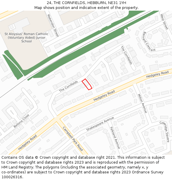 24, THE CORNFIELDS, HEBBURN, NE31 1YH: Location map and indicative extent of plot