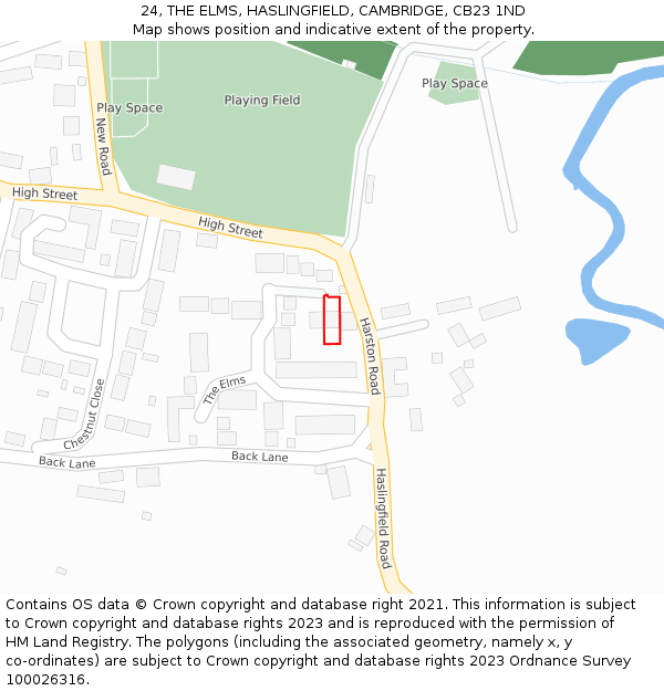 24, THE ELMS, HASLINGFIELD, CAMBRIDGE, CB23 1ND: Location map and indicative extent of plot