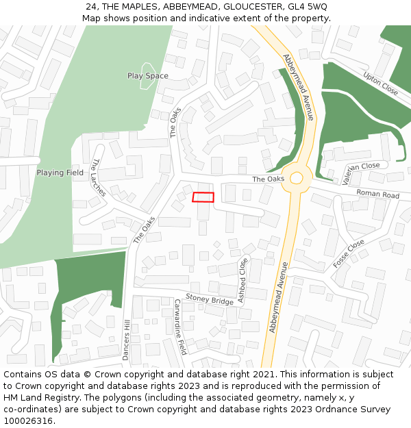 24, THE MAPLES, ABBEYMEAD, GLOUCESTER, GL4 5WQ: Location map and indicative extent of plot