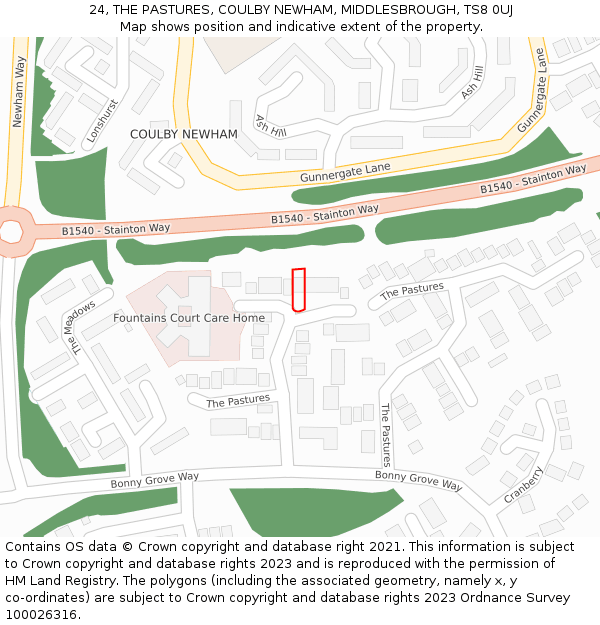 24, THE PASTURES, COULBY NEWHAM, MIDDLESBROUGH, TS8 0UJ: Location map and indicative extent of plot