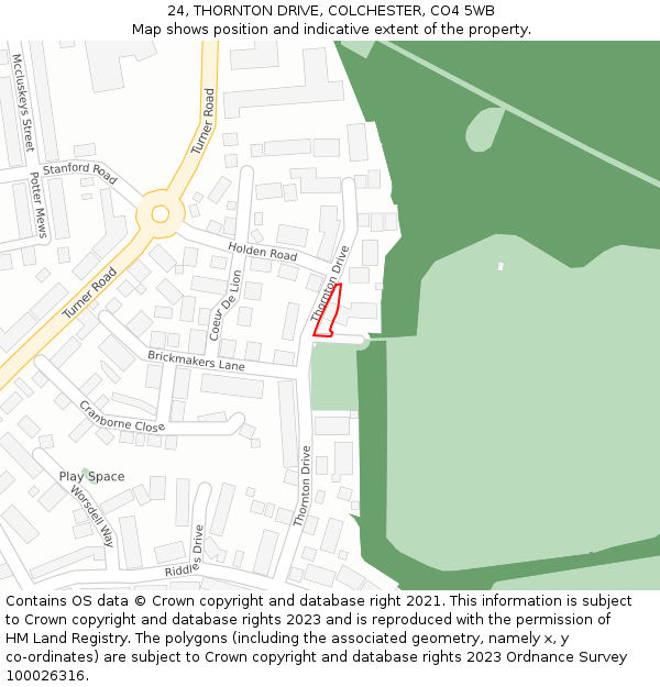 24, THORNTON DRIVE, COLCHESTER, CO4 5WB: Location map and indicative extent of plot