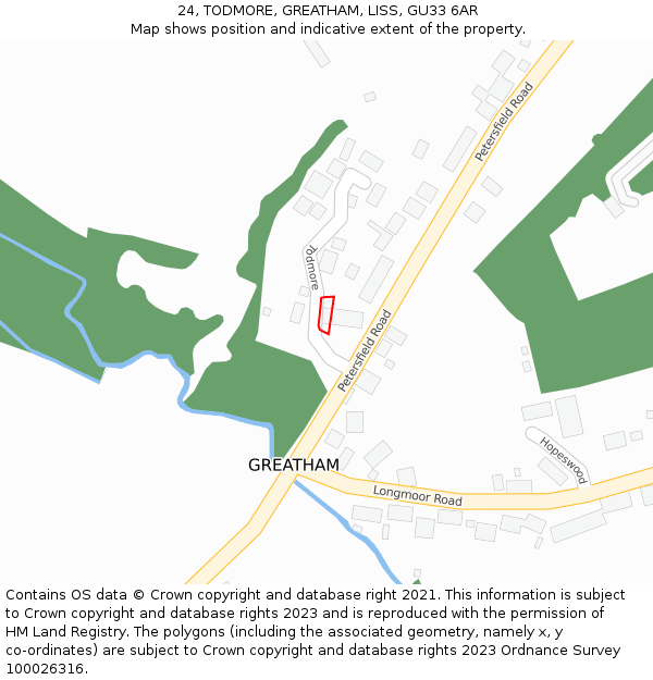 24, TODMORE, GREATHAM, LISS, GU33 6AR: Location map and indicative extent of plot