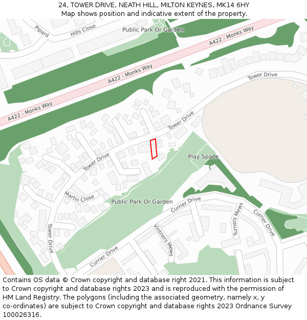 24, TOWER DRIVE, NEATH HILL, MILTON KEYNES, MK14 6HY: Location map and indicative extent of plot