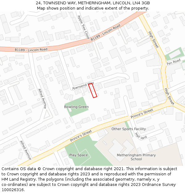24, TOWNSEND WAY, METHERINGHAM, LINCOLN, LN4 3GB: Location map and indicative extent of plot