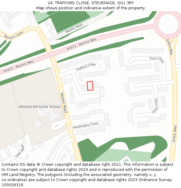 24, TRAFFORD CLOSE, STEVENAGE, SG1 3RY: Location map and indicative extent of plot