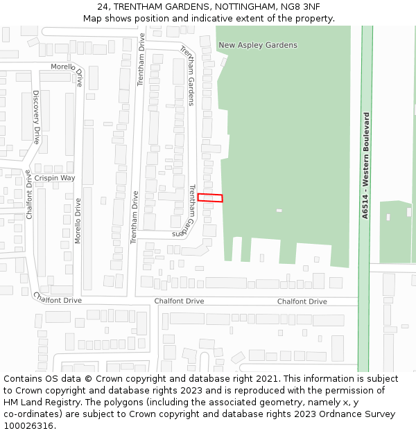 24, TRENTHAM GARDENS, NOTTINGHAM, NG8 3NF: Location map and indicative extent of plot