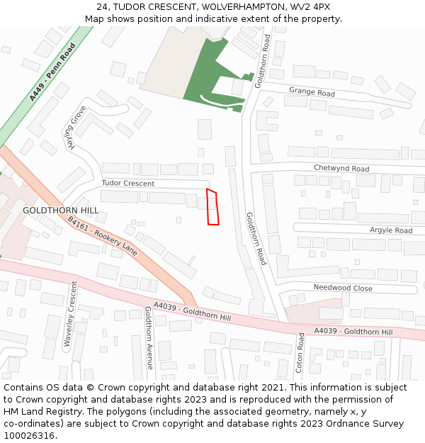 24, TUDOR CRESCENT, WOLVERHAMPTON, WV2 4PX: Location map and indicative extent of plot