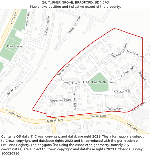 24, TURNER GROVE, BRADFORD, BD4 0FG: Location map and indicative extent of plot