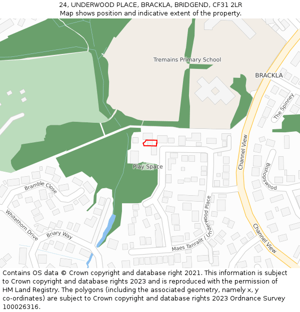 24, UNDERWOOD PLACE, BRACKLA, BRIDGEND, CF31 2LR: Location map and indicative extent of plot