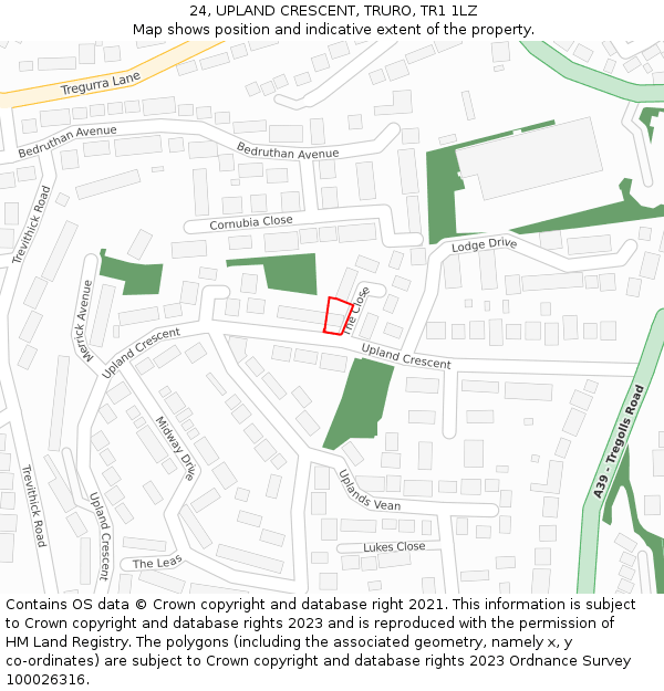 24, UPLAND CRESCENT, TRURO, TR1 1LZ: Location map and indicative extent of plot