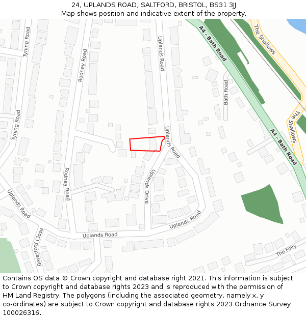 24, UPLANDS ROAD, SALTFORD, BRISTOL, BS31 3JJ: Location map and indicative extent of plot