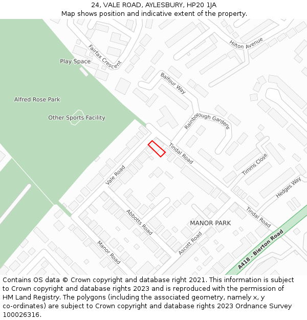 24, VALE ROAD, AYLESBURY, HP20 1JA: Location map and indicative extent of plot