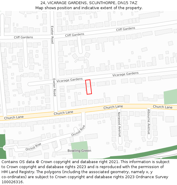 24, VICARAGE GARDENS, SCUNTHORPE, DN15 7AZ: Location map and indicative extent of plot