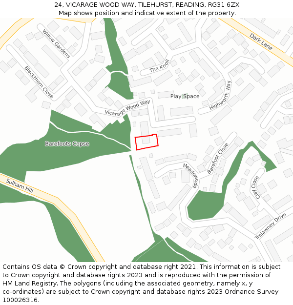 24, VICARAGE WOOD WAY, TILEHURST, READING, RG31 6ZX: Location map and indicative extent of plot