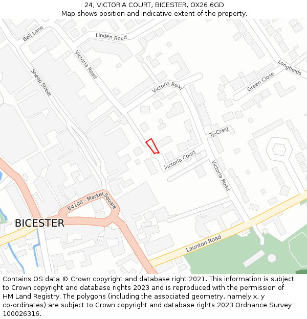 24, VICTORIA COURT, BICESTER, OX26 6GD: Location map and indicative extent of plot