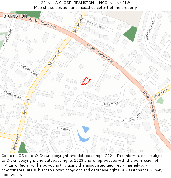 24, VILLA CLOSE, BRANSTON, LINCOLN, LN4 1LW: Location map and indicative extent of plot