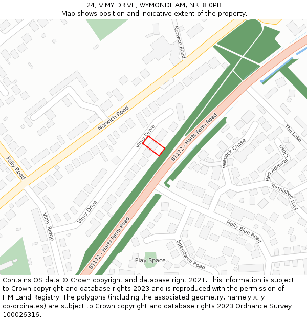 24, VIMY DRIVE, WYMONDHAM, NR18 0PB: Location map and indicative extent of plot