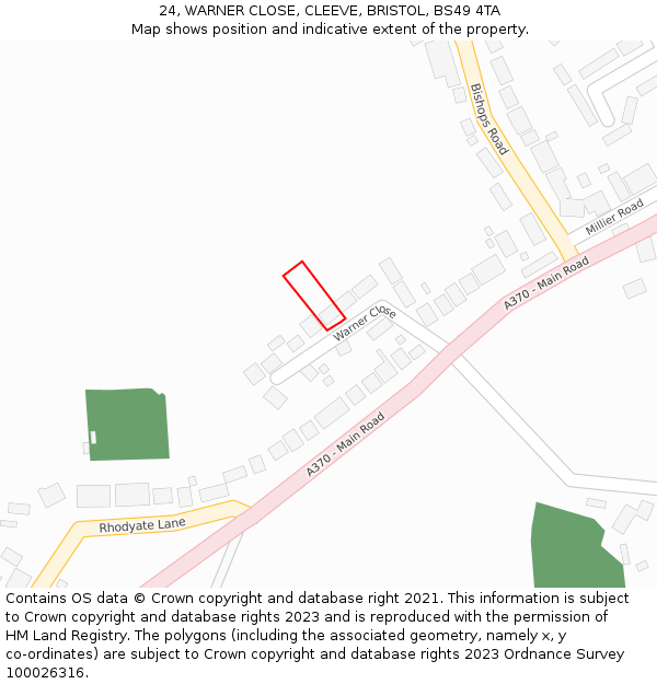24, WARNER CLOSE, CLEEVE, BRISTOL, BS49 4TA: Location map and indicative extent of plot