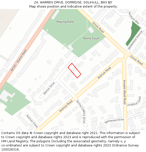24, WARREN DRIVE, DORRIDGE, SOLIHULL, B93 8JY: Location map and indicative extent of plot