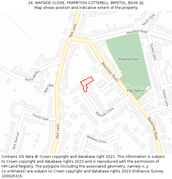 24, WAYSIDE CLOSE, FRAMPTON COTTERELL, BRISTOL, BS36 2JL: Location map and indicative extent of plot