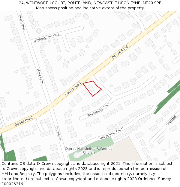 24, WENTWORTH COURT, PONTELAND, NEWCASTLE UPON TYNE, NE20 9PR: Location map and indicative extent of plot