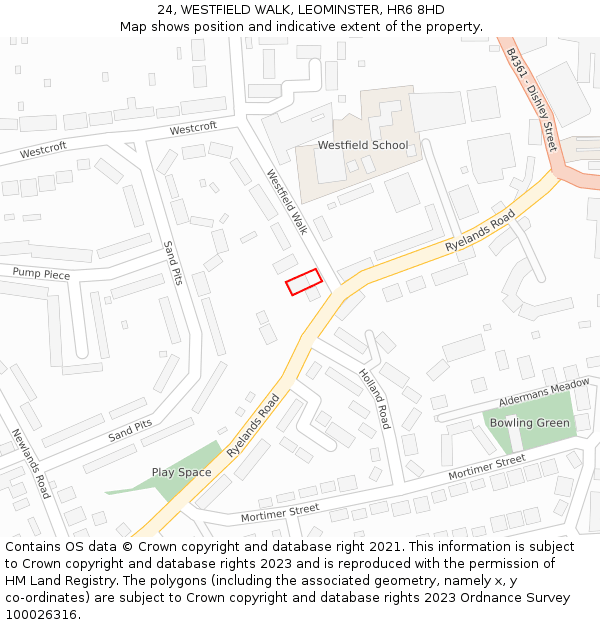 24, WESTFIELD WALK, LEOMINSTER, HR6 8HD: Location map and indicative extent of plot