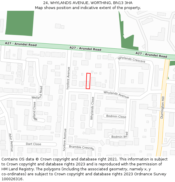 24, WHYLANDS AVENUE, WORTHING, BN13 3HA: Location map and indicative extent of plot