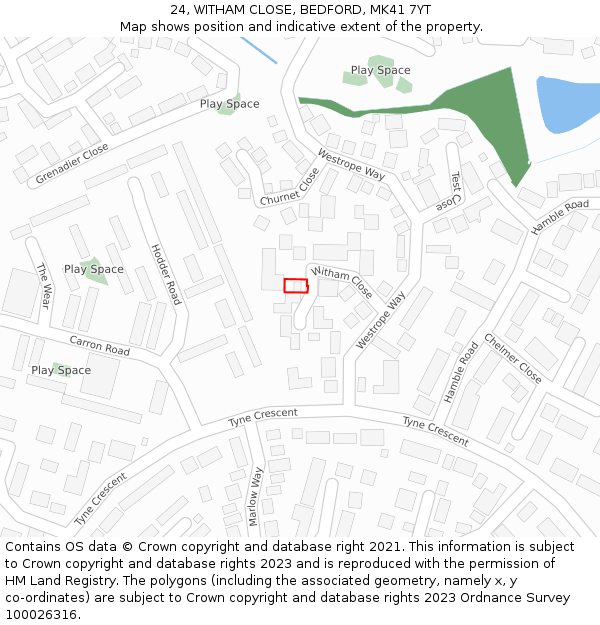 24, WITHAM CLOSE, BEDFORD, MK41 7YT: Location map and indicative extent of plot