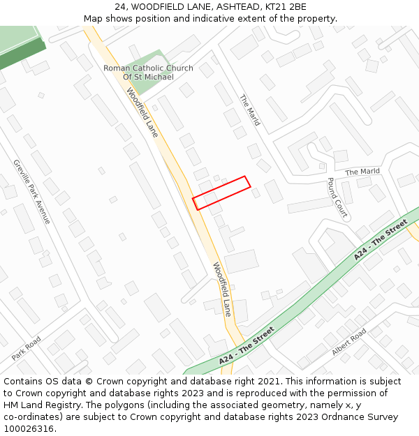 24, WOODFIELD LANE, ASHTEAD, KT21 2BE: Location map and indicative extent of plot