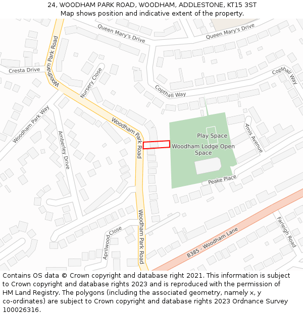 24, WOODHAM PARK ROAD, WOODHAM, ADDLESTONE, KT15 3ST: Location map and indicative extent of plot