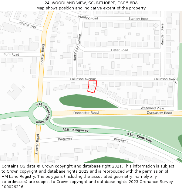 24, WOODLAND VIEW, SCUNTHORPE, DN15 8BA: Location map and indicative extent of plot