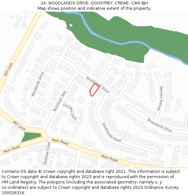 24, WOODLANDS DRIVE, GOOSTREY, CREWE, CW4 8JH: Location map and indicative extent of plot