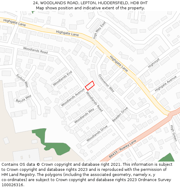 24, WOODLANDS ROAD, LEPTON, HUDDERSFIELD, HD8 0HT: Location map and indicative extent of plot
