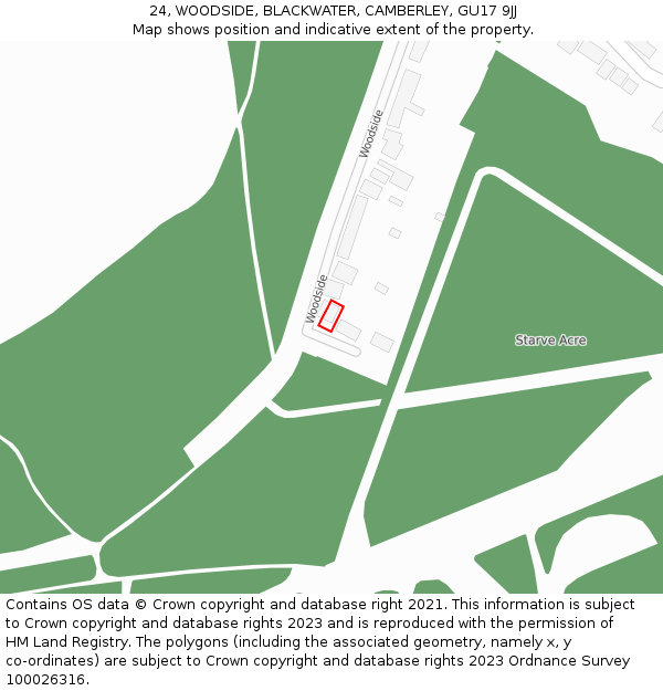 24, WOODSIDE, BLACKWATER, CAMBERLEY, GU17 9JJ: Location map and indicative extent of plot