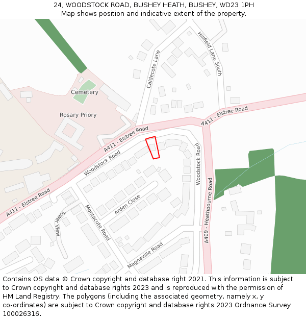 24, WOODSTOCK ROAD, BUSHEY HEATH, BUSHEY, WD23 1PH: Location map and indicative extent of plot