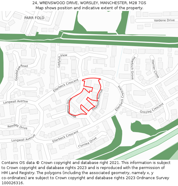 24, WRENSWOOD DRIVE, WORSLEY, MANCHESTER, M28 7GS: Location map and indicative extent of plot