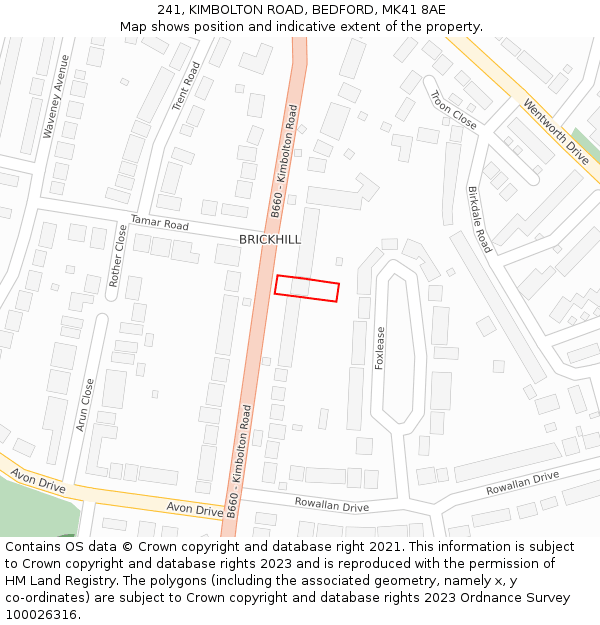 241, KIMBOLTON ROAD, BEDFORD, MK41 8AE: Location map and indicative extent of plot