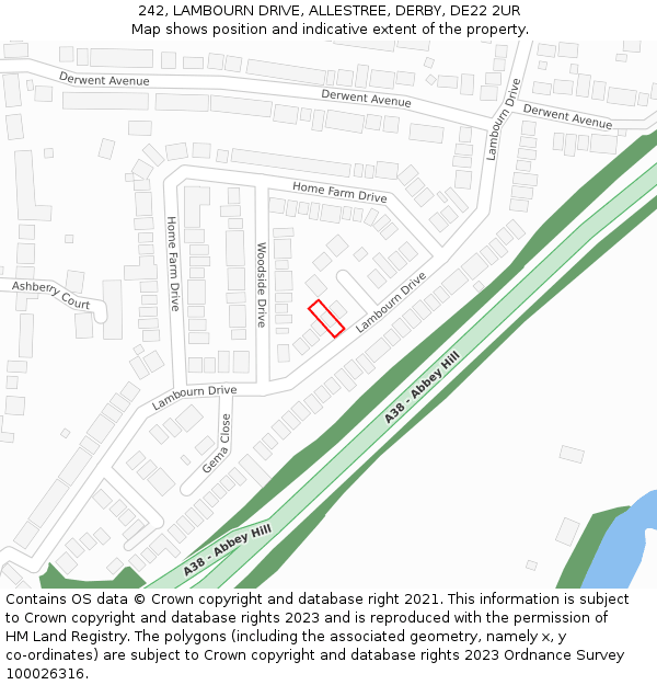 242, LAMBOURN DRIVE, ALLESTREE, DERBY, DE22 2UR: Location map and indicative extent of plot