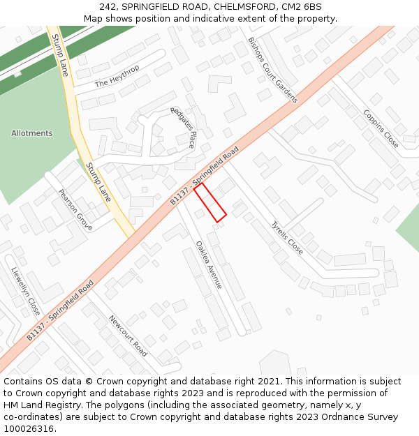 242, SPRINGFIELD ROAD, CHELMSFORD, CM2 6BS: Location map and indicative extent of plot