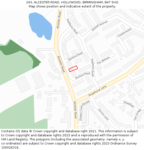 243, ALCESTER ROAD, HOLLYWOOD, BIRMINGHAM, B47 5HG: Location map and indicative extent of plot