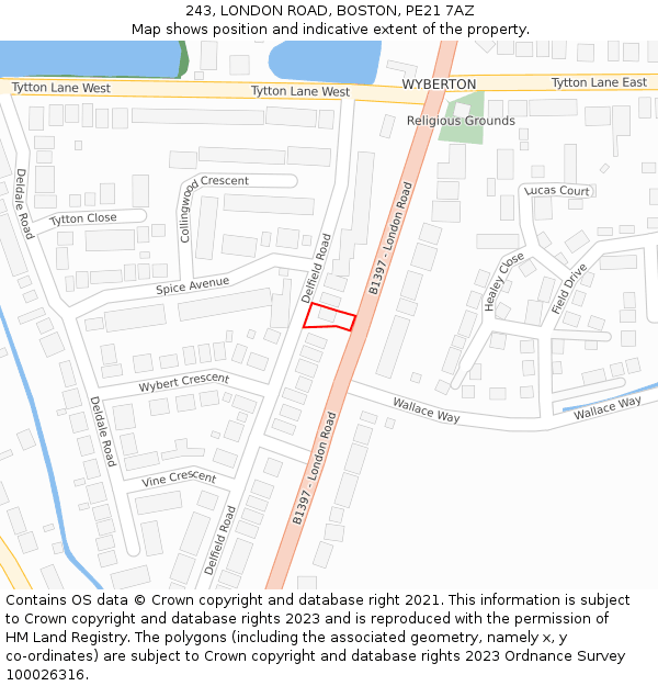 243, LONDON ROAD, BOSTON, PE21 7AZ: Location map and indicative extent of plot