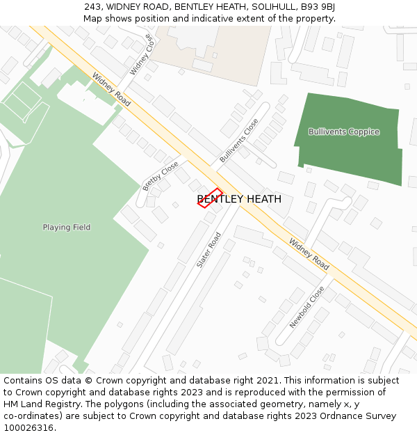 243, WIDNEY ROAD, BENTLEY HEATH, SOLIHULL, B93 9BJ: Location map and indicative extent of plot
