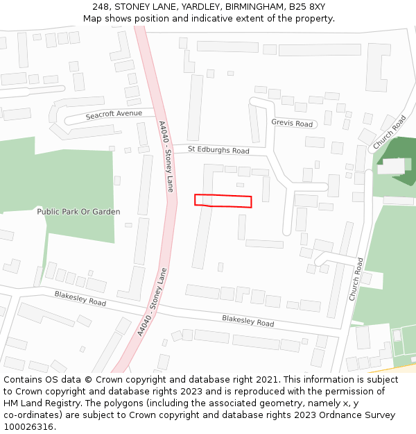 248, STONEY LANE, YARDLEY, BIRMINGHAM, B25 8XY: Location map and indicative extent of plot